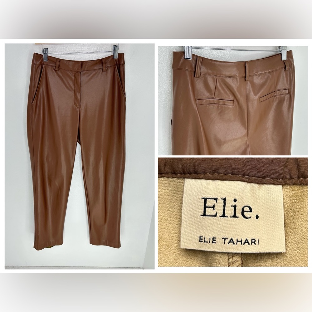 Elie by Elie Tahari Vicuna Cognac Brown Faux Leather Pants Size 8 Straight Lined